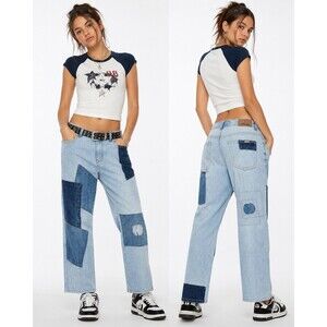 London Blue Patchwork Jeans Juniors 11/12 Y2K Grunge Distressed Stretch NWOT